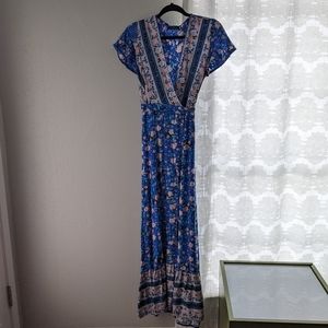 Blue Floral Maxi Wrap Dress